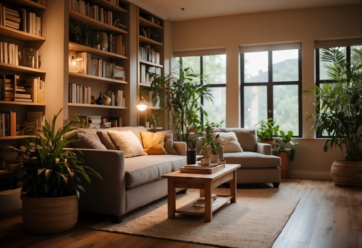 A cozy living room with bamboo furniture, soft lighting, and a warm color palette. A bookshelf filled with plants and books adds to the natural, serene atmosphere