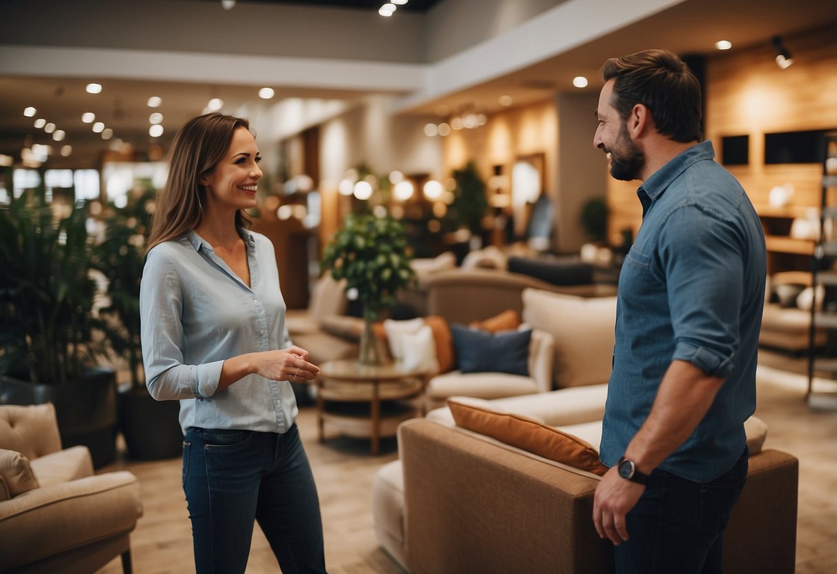 A customer browsing a furniture store, greeted by a friendly sales associate offering assistance