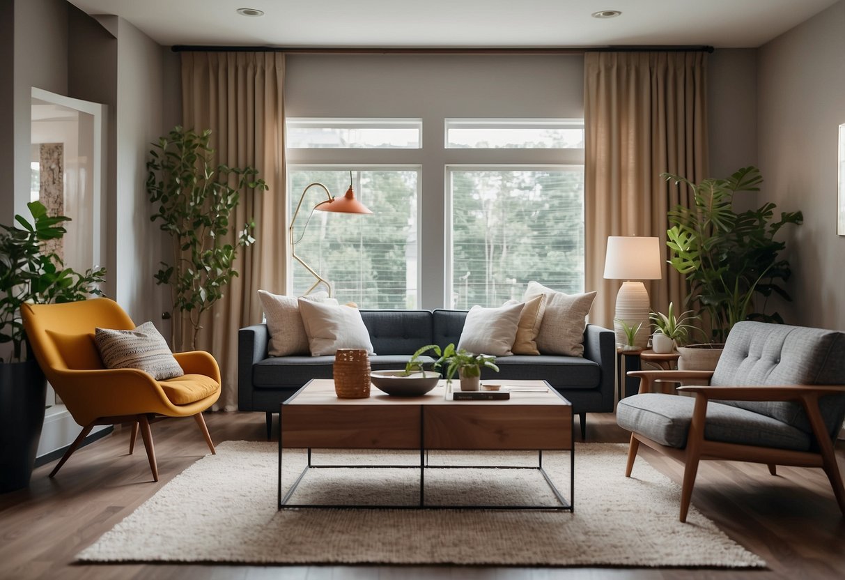 A cozy living room with modern furniture, a customer service representative answering questions, and a friendly atmosphere