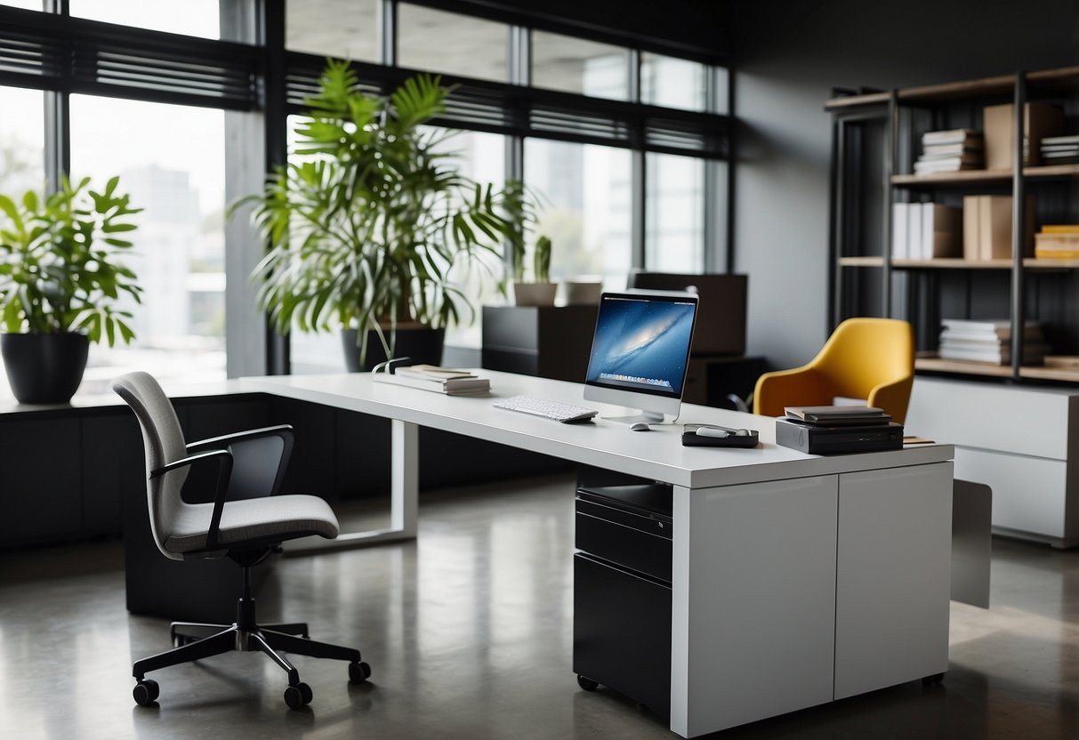 A modern office setting with a sleek desk and chair, surrounded by various bdi furniture products. An open laptop and a stack of papers on the desk indicate a professional work environment