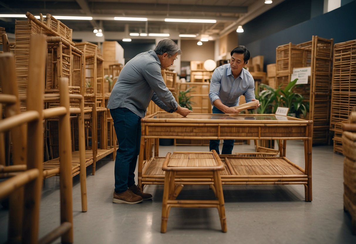 A customer carefully examines bamboo furniture in a store, while a salesperson explains its care instructions