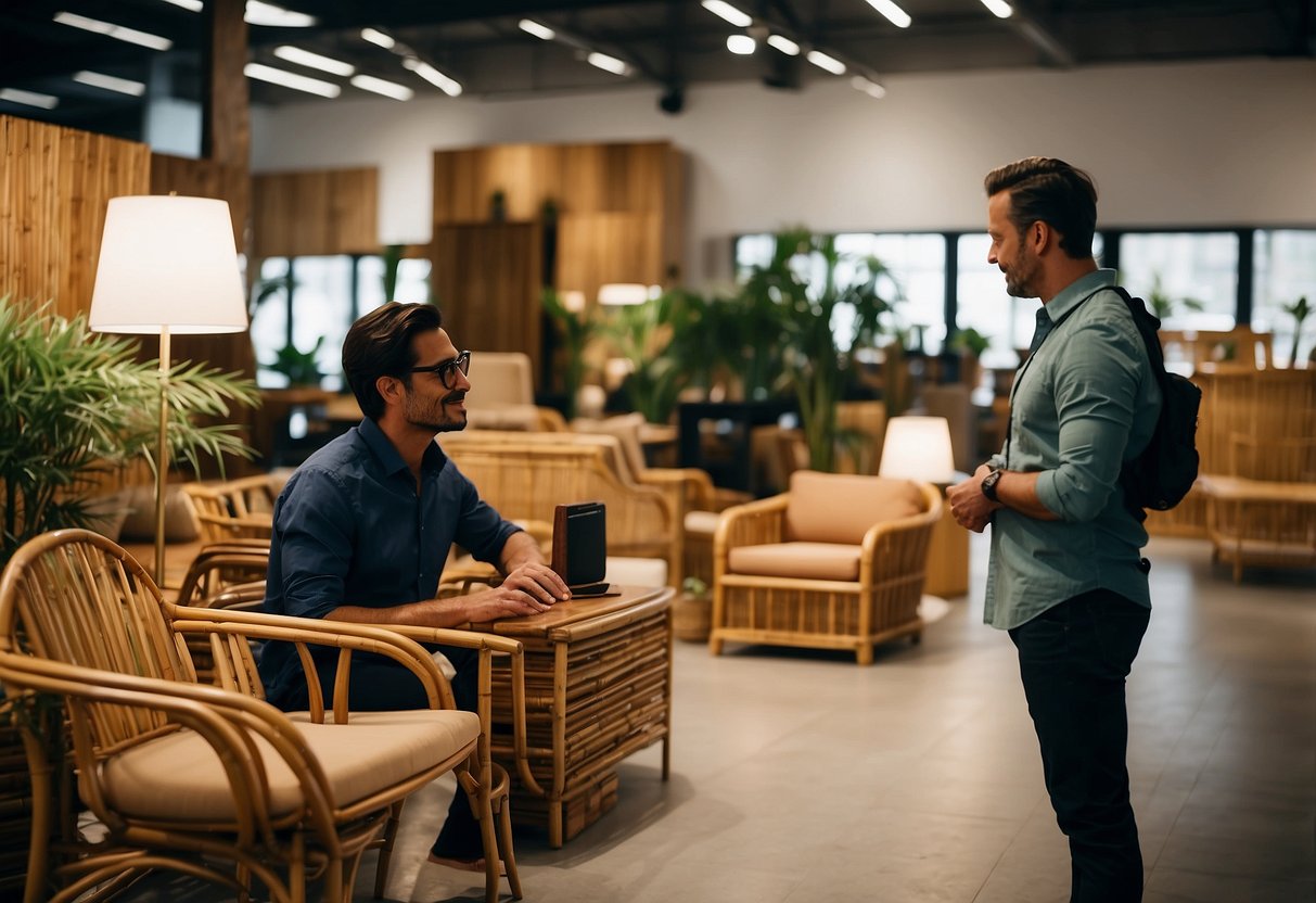 A customer browsing through a showroom of bamboo furniture, with a salesperson nearby answering questions