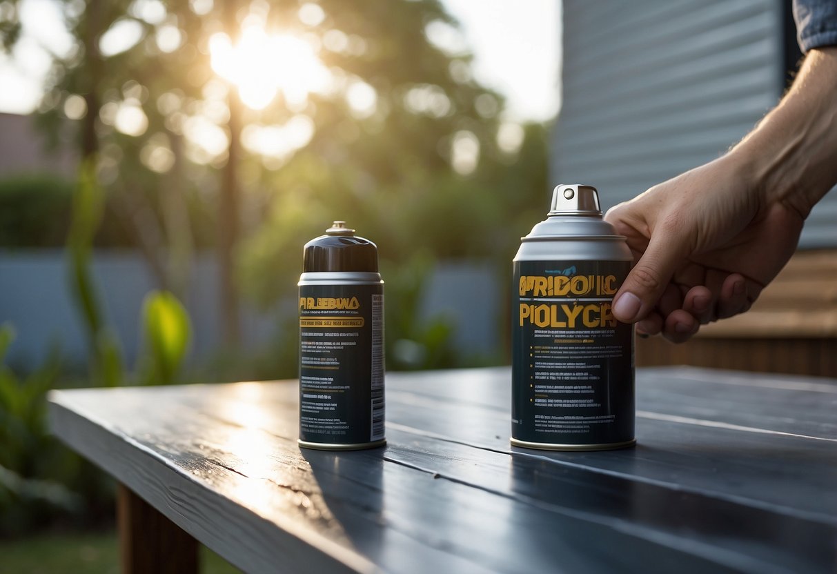 A can of polycrylic spray is being applied to a freshly painted piece of furniture, creating a glossy finish