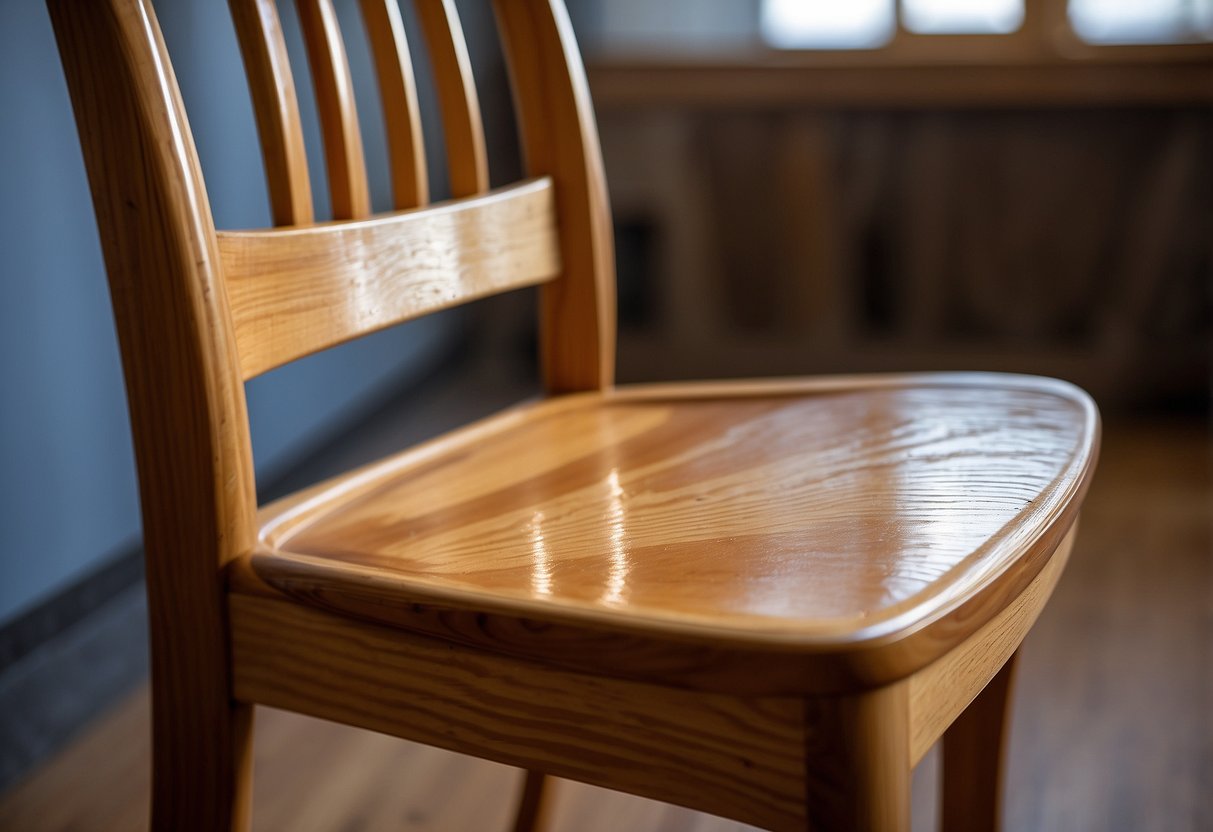 A wooden chair is sanded and wiped clean. Polycrylic spray is applied evenly to the painted surface, ensuring a smooth and protective finish