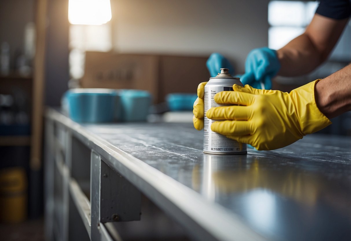 A can of polycrylic spray is being evenly applied to a freshly painted piece of furniture, creating a protective finish