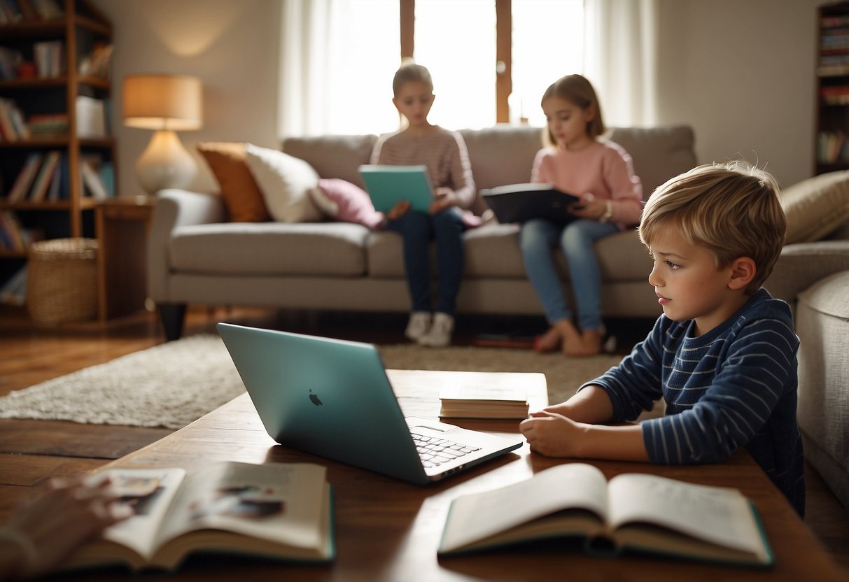 A cozy living room with books, a laptop, and educational materials scattered around. A child is engaged in a lesson while a parent looks on, offering guidance
