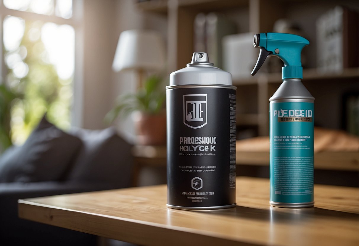A can of polycrylic spray hovers over a freshly painted piece of furniture, with a FAQ sheet nearby