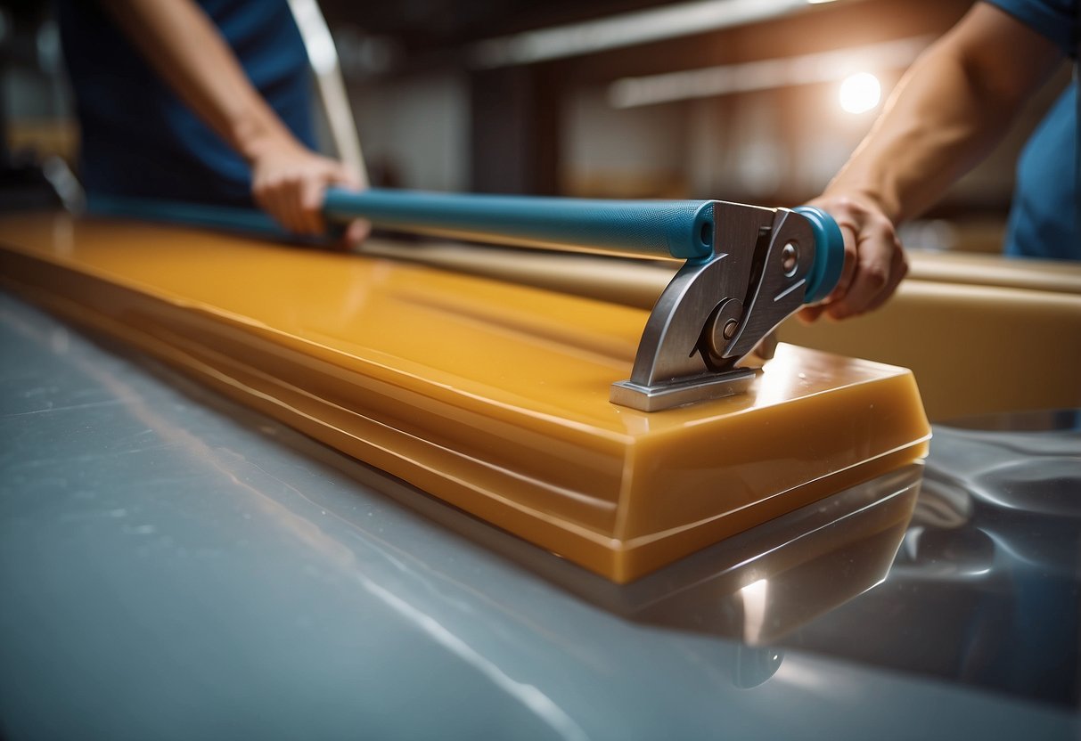 A PVC sheet is being cut and shaped to fit furniture