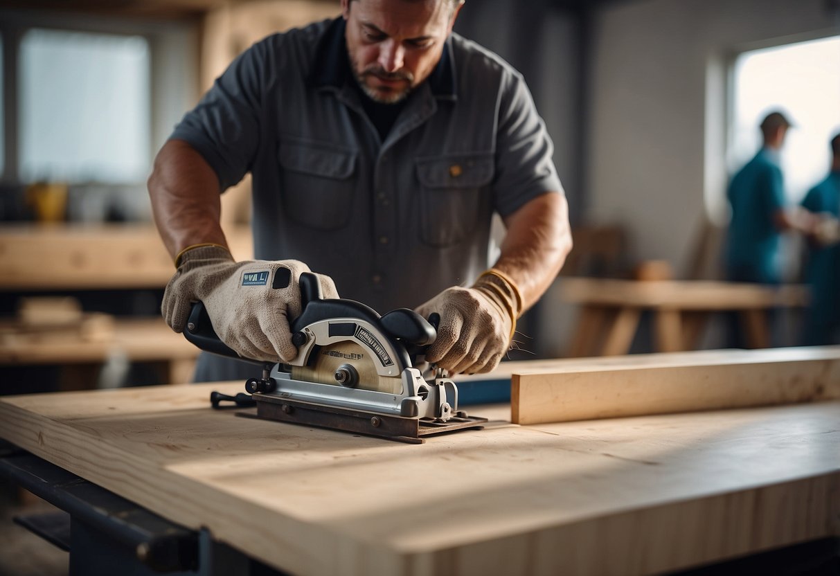 A carpenter cuts a PVC sheet for furniture with a saw