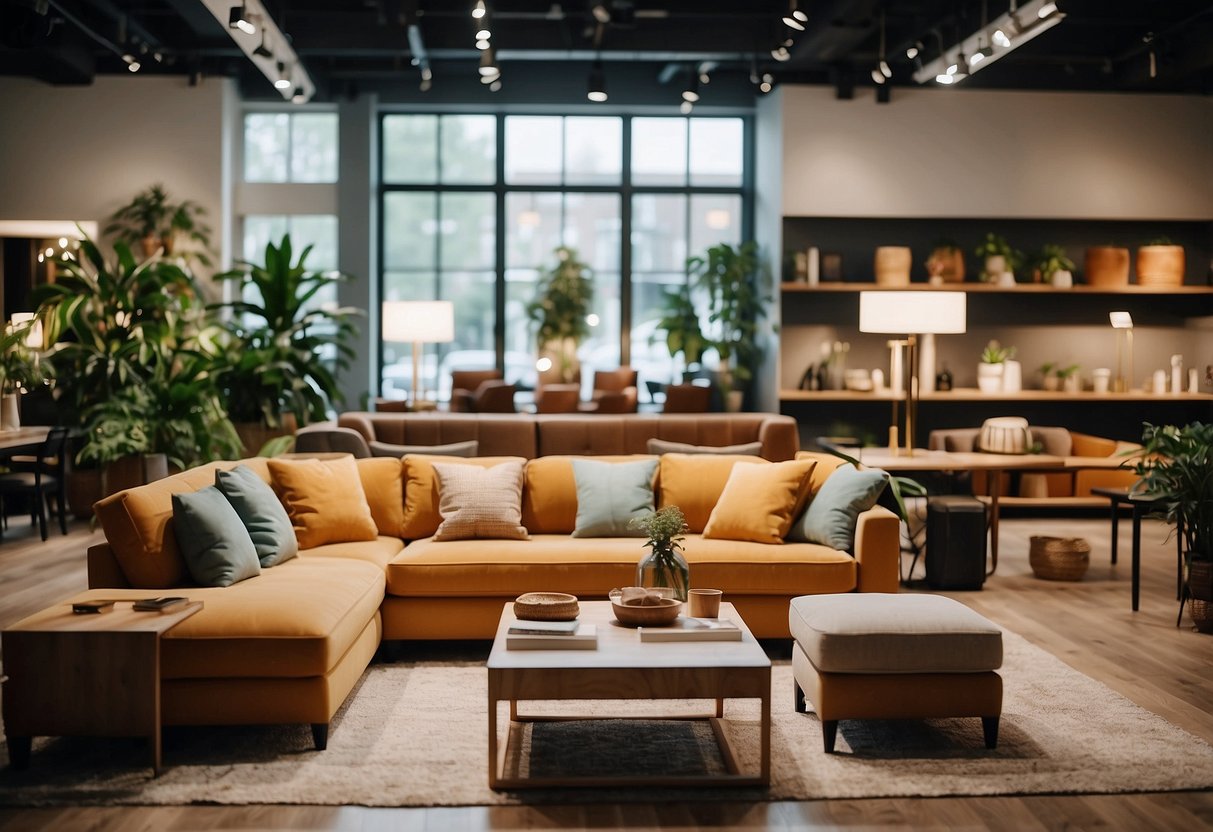 A spacious furniture shop filled with sofas, tables, and shelves. Bright lighting and colorful displays create an inviting atmosphere