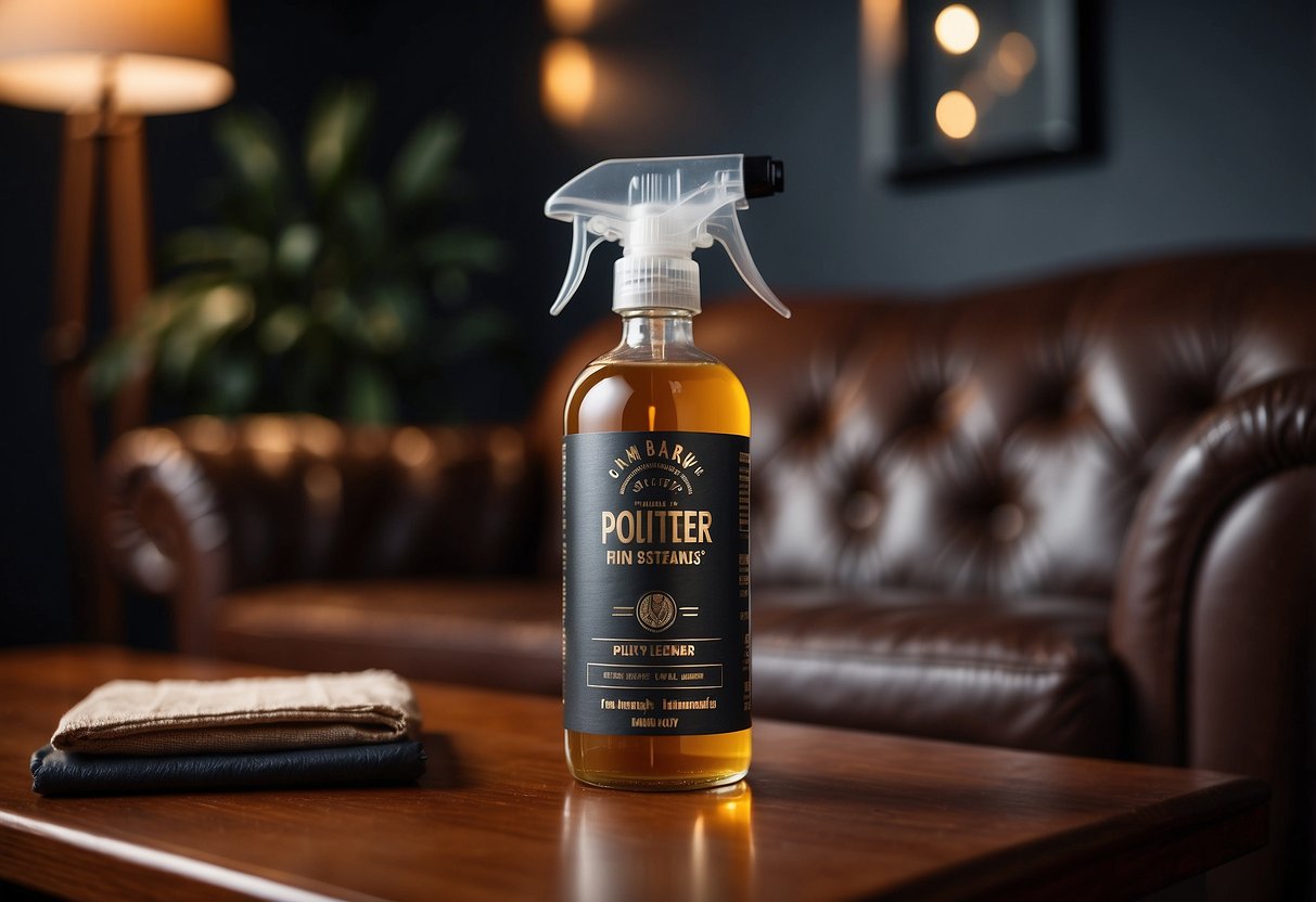 A hand reaches for a bottle of leather cleaner on a shelf next to a polished leather sofa