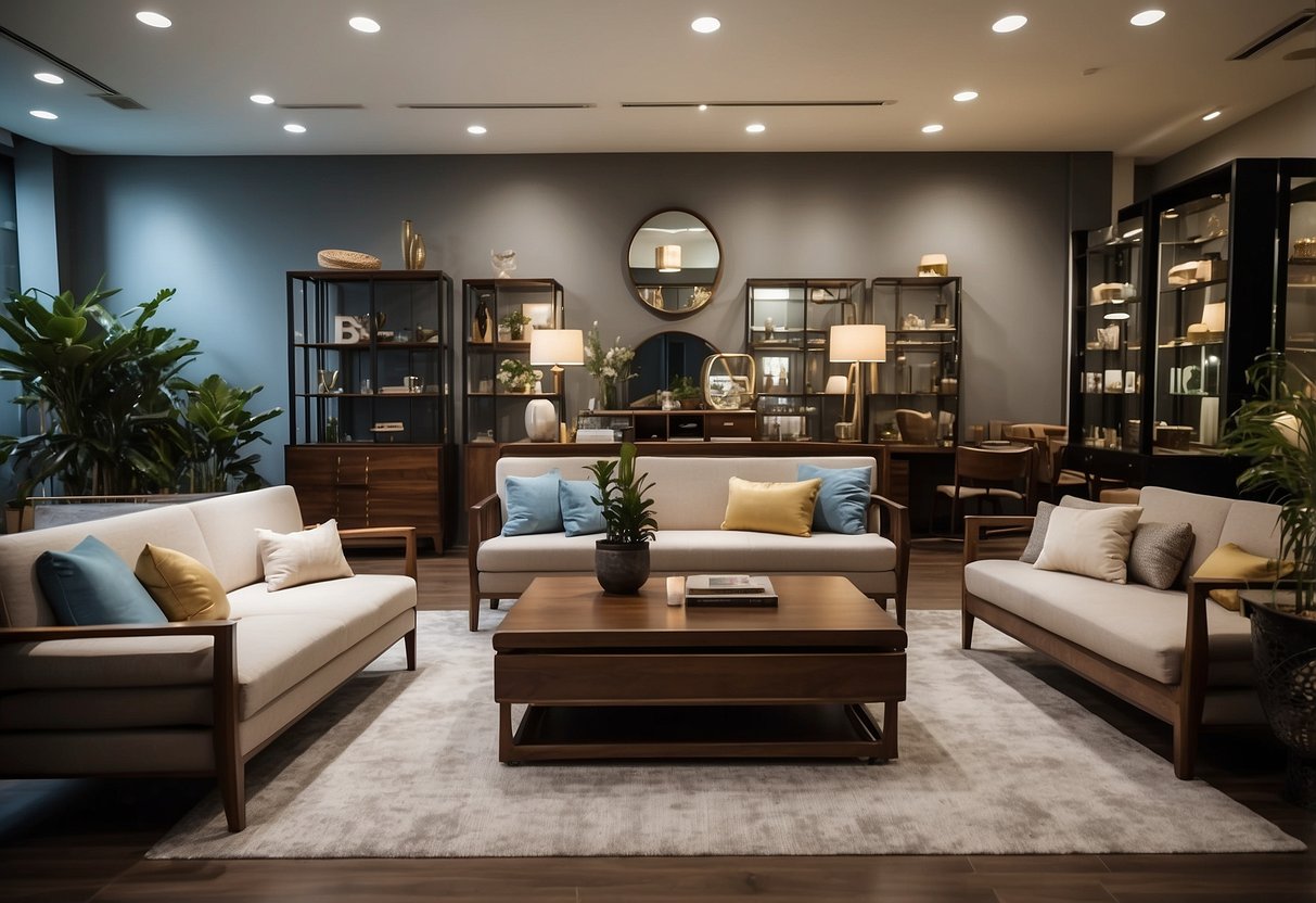 A spacious showroom with modern and vintage furniture displayed in an organized manner. Bright lighting highlights the variety of items available at Boon Liat Furniture