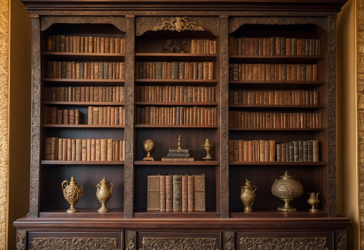 A wooden cabinet stands against a wall, adorned with intricate carvings and brass handles. The shelves inside are lined with neatly stacked books and decorative items