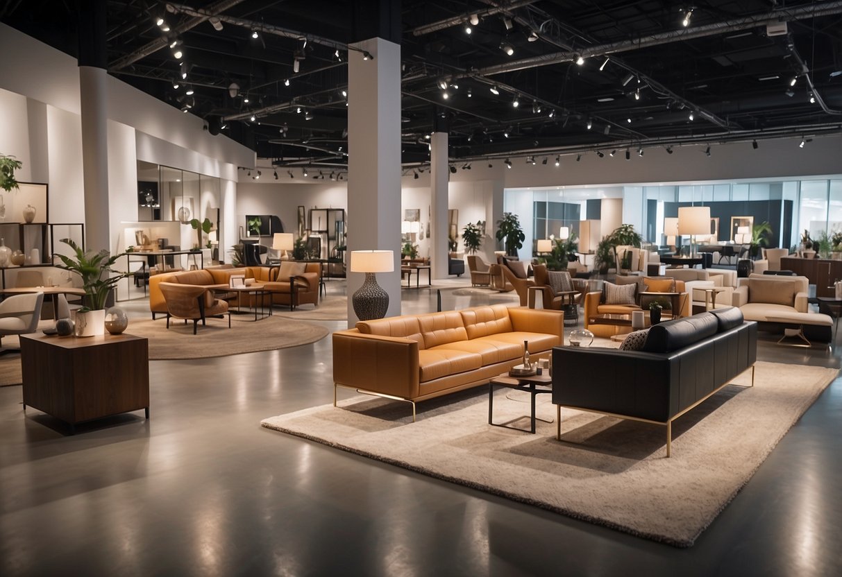 Customers browsing through various furniture styles in a spacious showroom with modern, classic, and contemporary designs on display