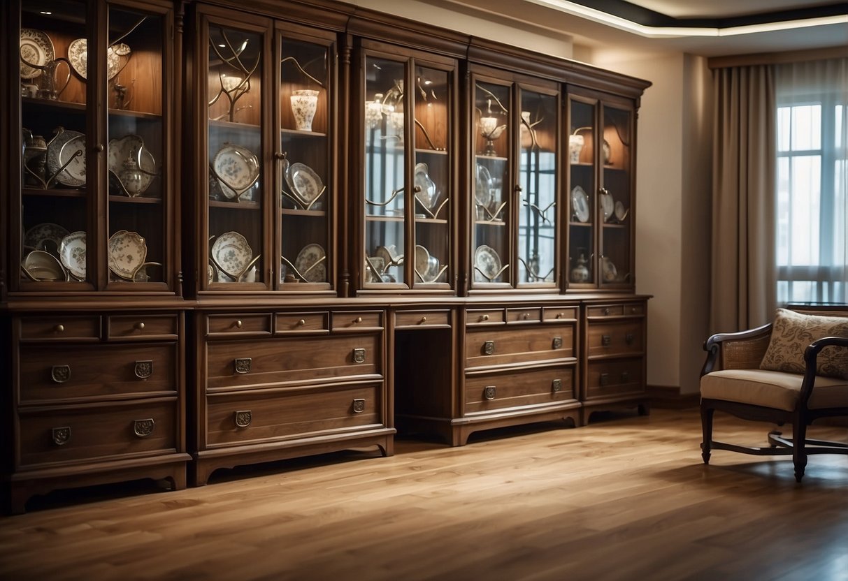 A room with various styles of cabinet furniture arranged neatly, showcasing different designs and functionalities