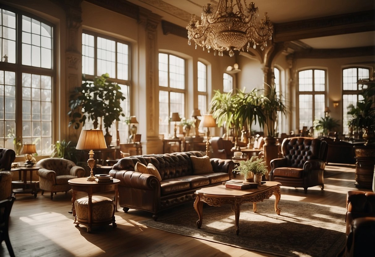 A bustling showroom filled with vintage furniture, ornate carvings, and rich wooden textures. Light streams in through large windows, casting warm, inviting shadows