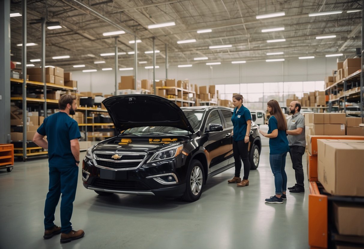 Customers browse aisles, test furniture, and consult staff in a spacious, well-lit showroom. Delivery trucks and assembly teams operate outside