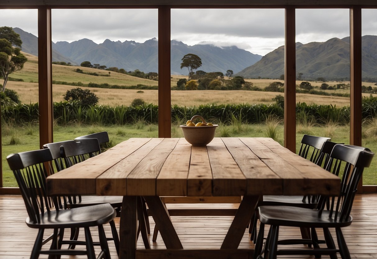 A rustic dining table and chairs made from recycled wood, set against a backdrop of lush New Zealand scenery