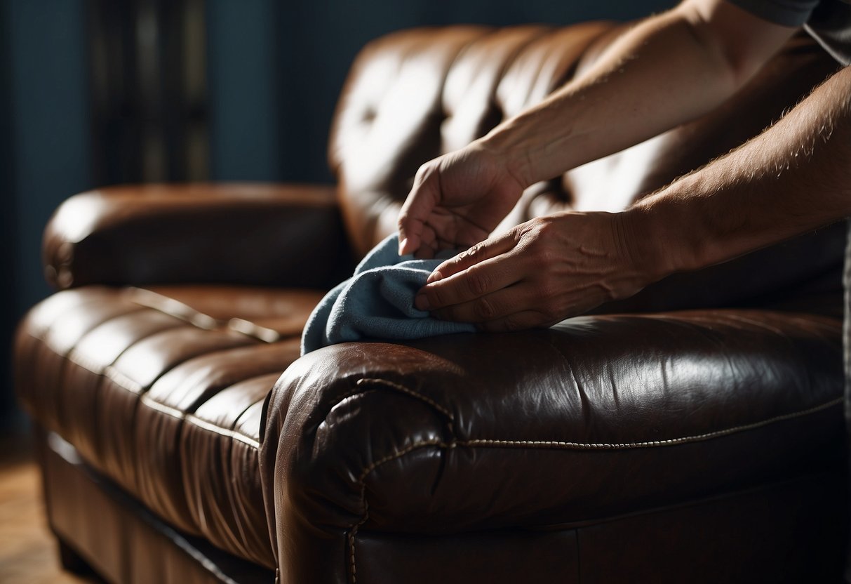 A hand squeezes a dollop of leather cleaner onto a soft cloth, then rubs it onto a worn leather sofa, restoring its luster