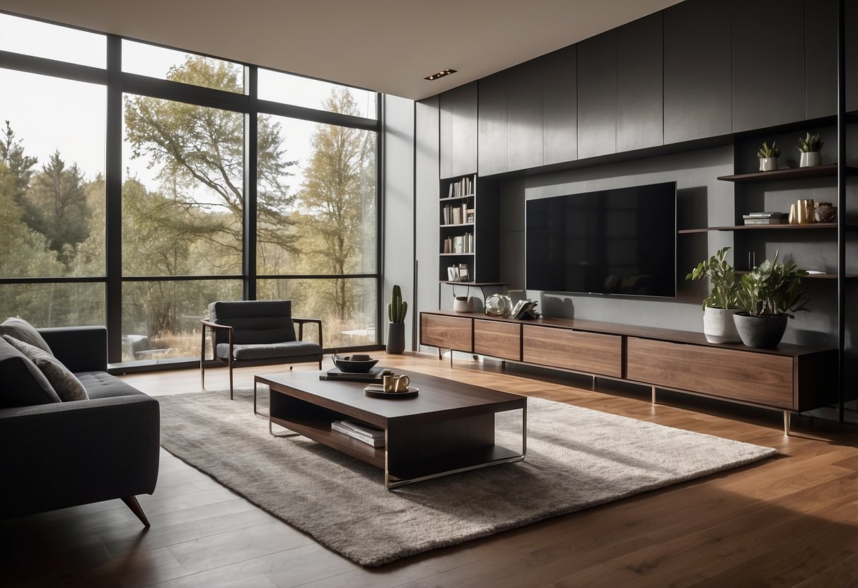 A modern living room with sleek cabinet furniture, clean lines, and minimalistic design. The cabinets are made of dark wood with chrome hardware, and the room is filled with natural light
