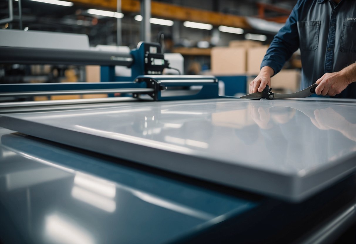 A PVC sheet is being cut and shaped to fit furniture, showing its versatility and ease of use. The finished product demonstrates its durability and sleek appearance