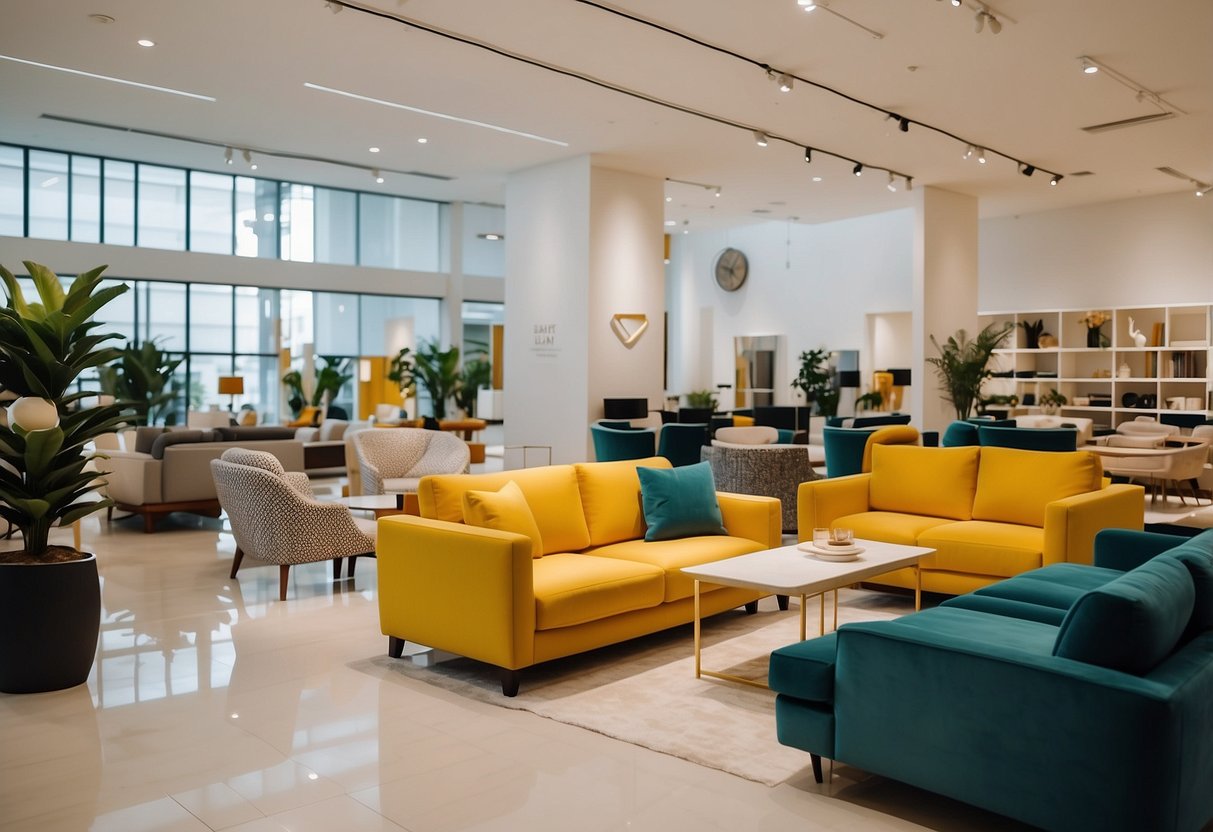 A bright, spacious showroom at Boon Liat showcasing a variety of modern and classic furniture pieces. Clean lines, vibrant colors, and stylish decor create an inviting atmosphere for shoppers