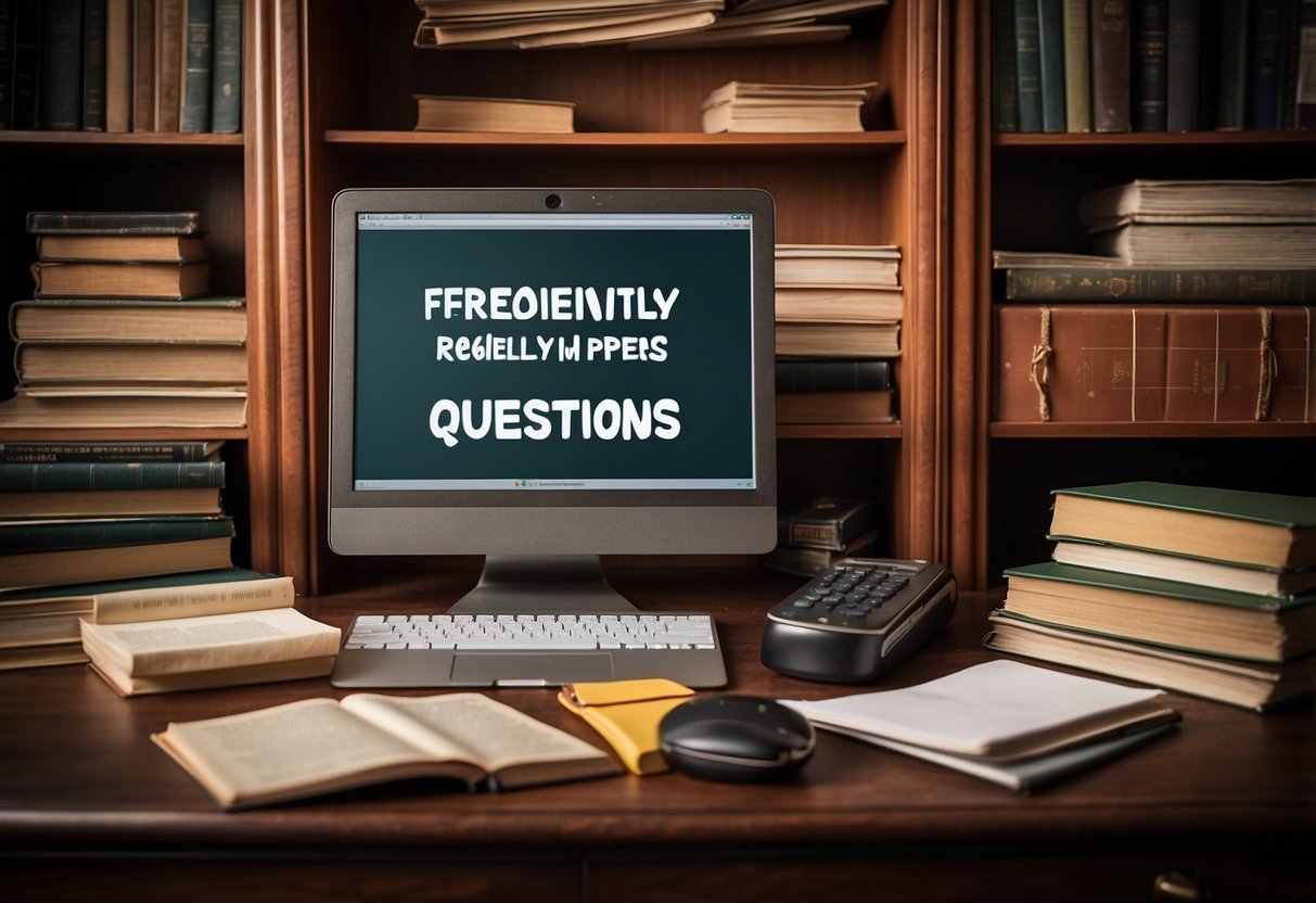 A cabinet with open drawers, labeled "Frequently Asked Questions." Books and papers spilling out, with a laptop and pen on top