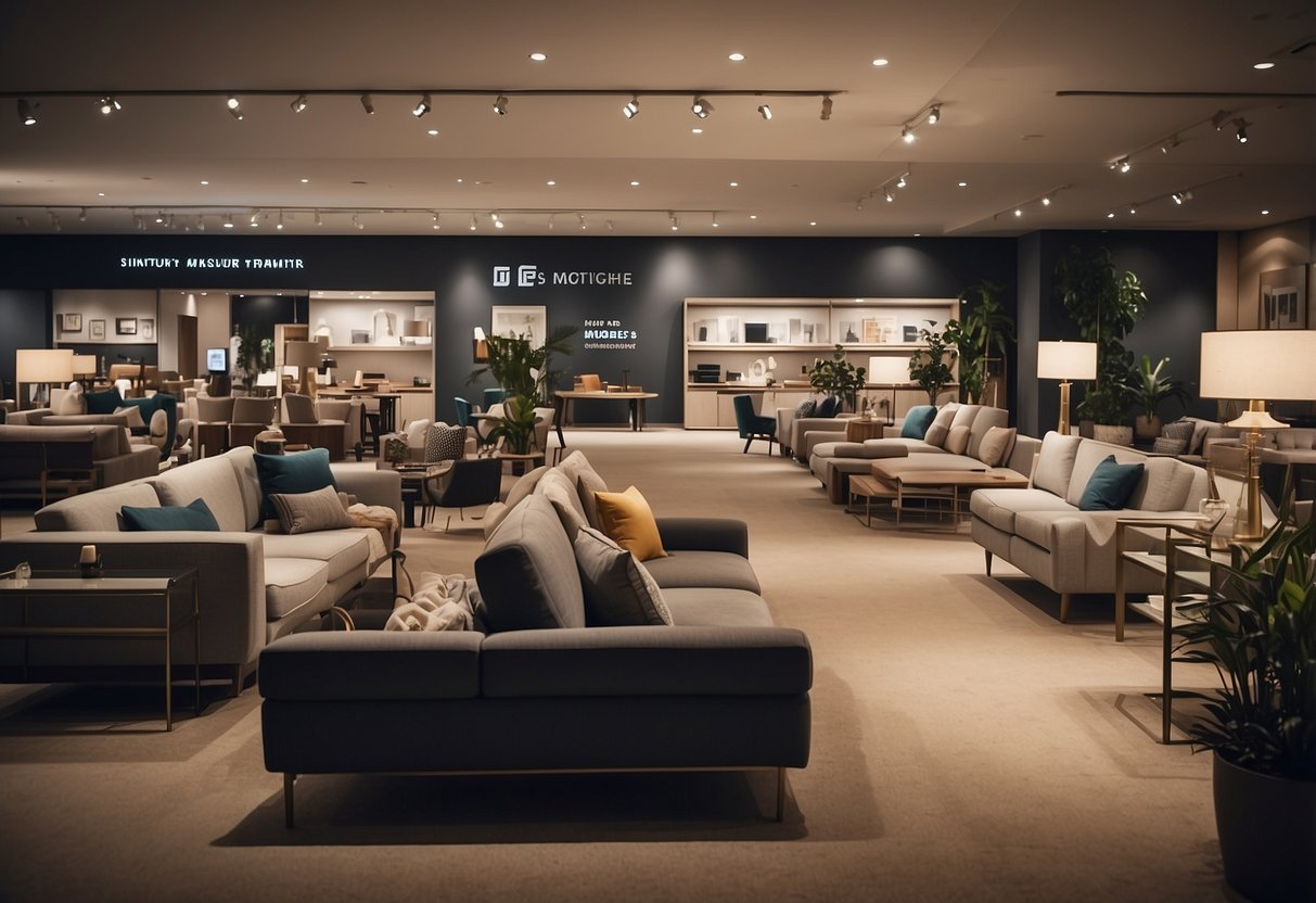 A bustling furniture showroom with customers browsing and staff assisting. Signs and displays highlight popular items