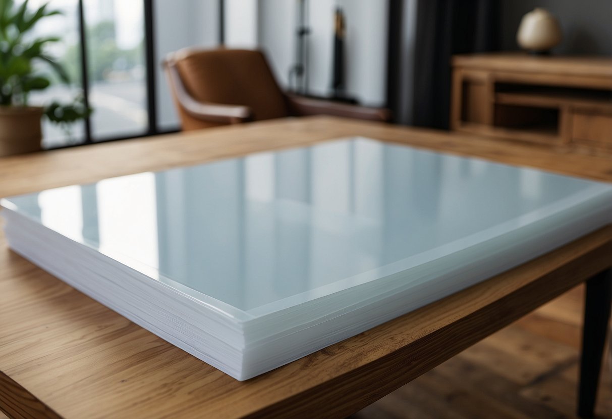 A PVC sheet lies flat on a wooden table, with furniture pieces in the background. The sheet is labeled "Frequently Asked Questions PVC Sheet for Furniture."
