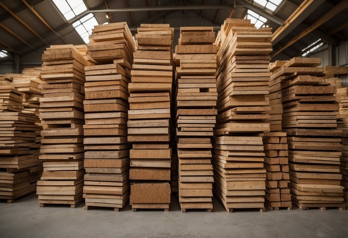 Various types of recycled wood stacked in a workshop, including rimu, kauri, and matai. Shavings and sawdust cover the floor