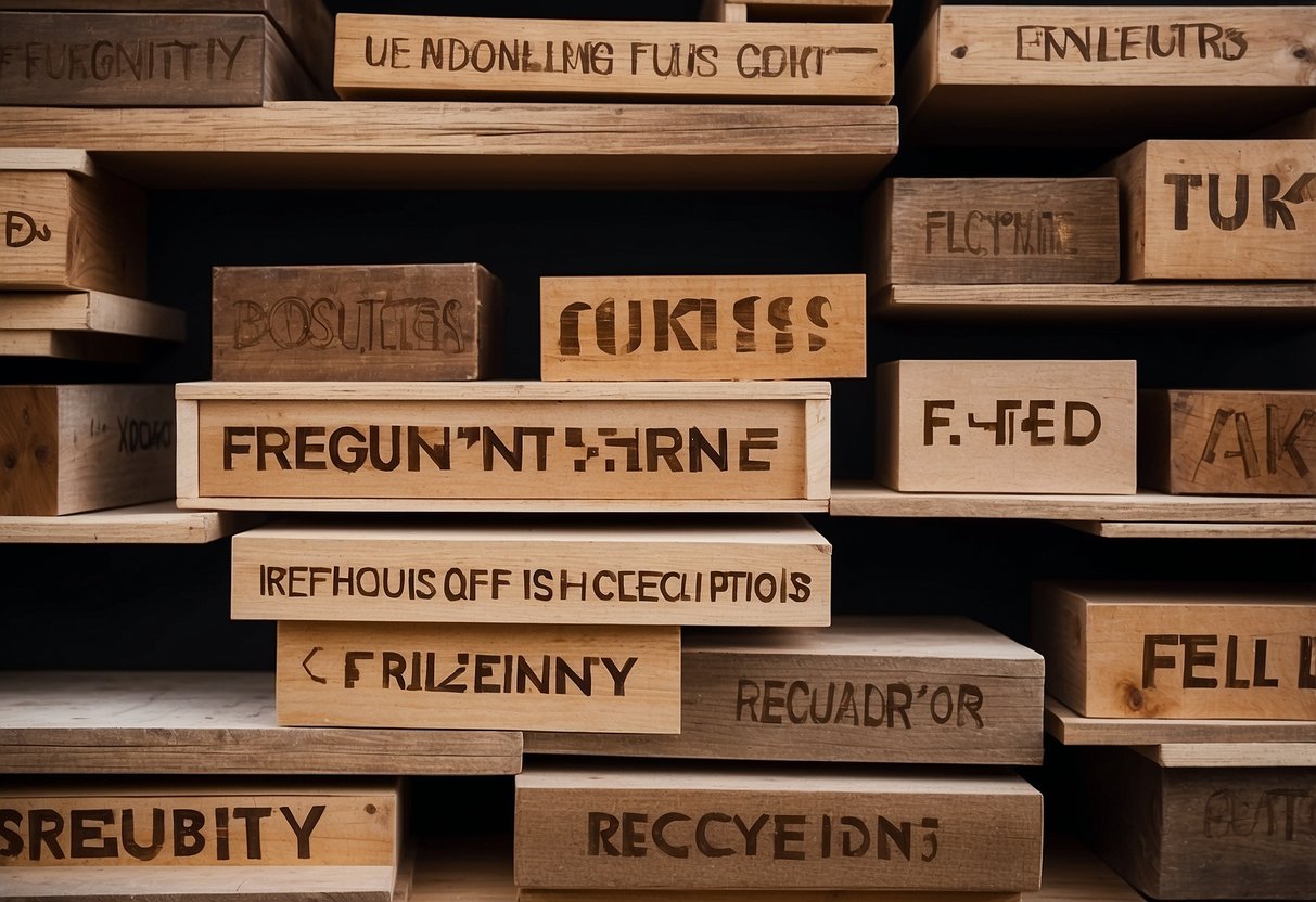 A stack of recycled wood furniture with a "Frequently Asked Questions" sign in a New Zealand setting