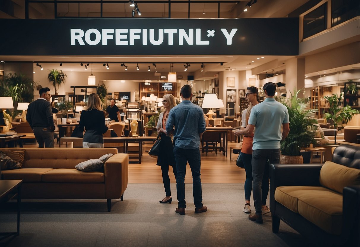 A bustling furniture shop with customers browsing, staff assisting, and a prominent "Frequently Asked Questions" sign