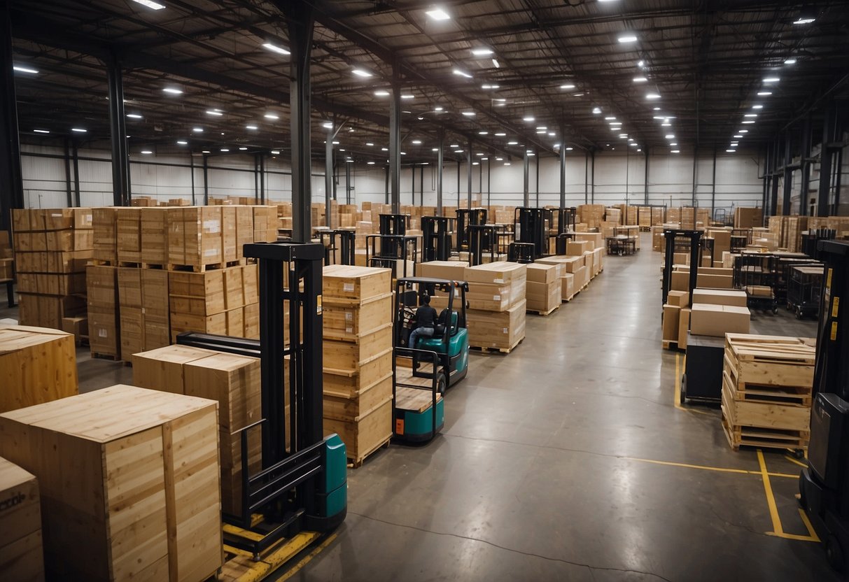 A warehouse filled with various restaurant furniture, including tables, chairs, and bar stools. Shelves are stocked with table bases and tops, while workers use forklifts to move large crates of furniture
