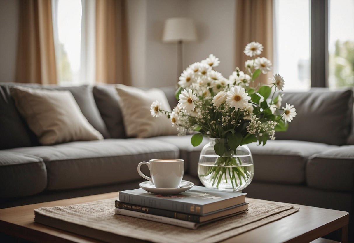 A cozy living room with a large, plush sofa, a coffee table with books and a vase of flowers, and a soft rug on the floor