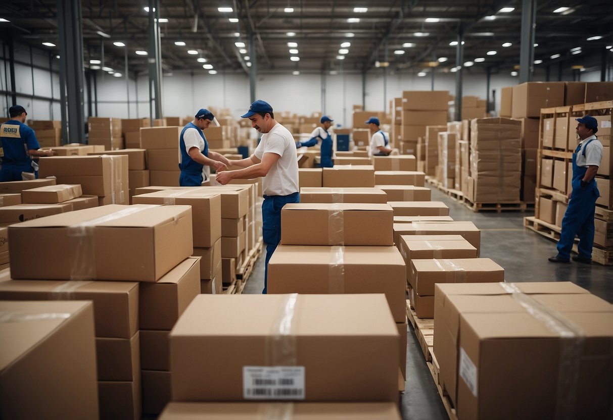 A warehouse filled with stacked restaurant furniture, workers organizing and labeling items for shipment