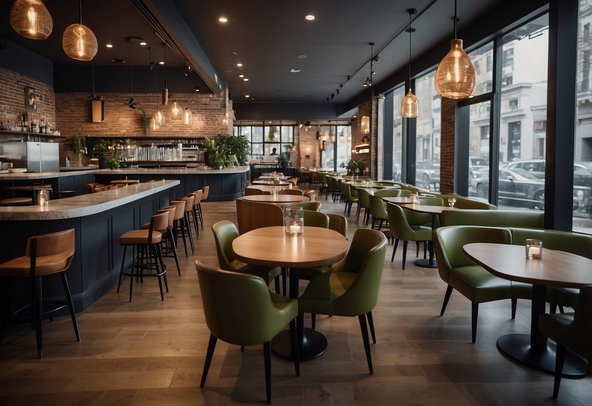 A bustling restaurant with modern, comfortable furniture. Customers and staff engage in conversation, while the atmosphere is inviting and welcoming