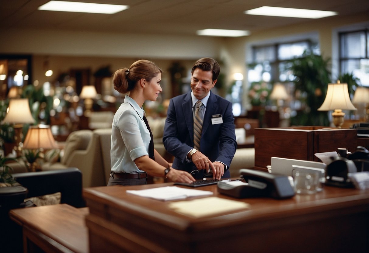 A customer service representative assists a client at Romeos Furniture store