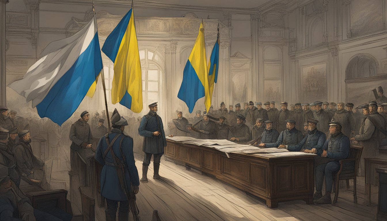 Thule's involvement in Ukraine depicted through flags, maps, and historical documents in a dimly lit room