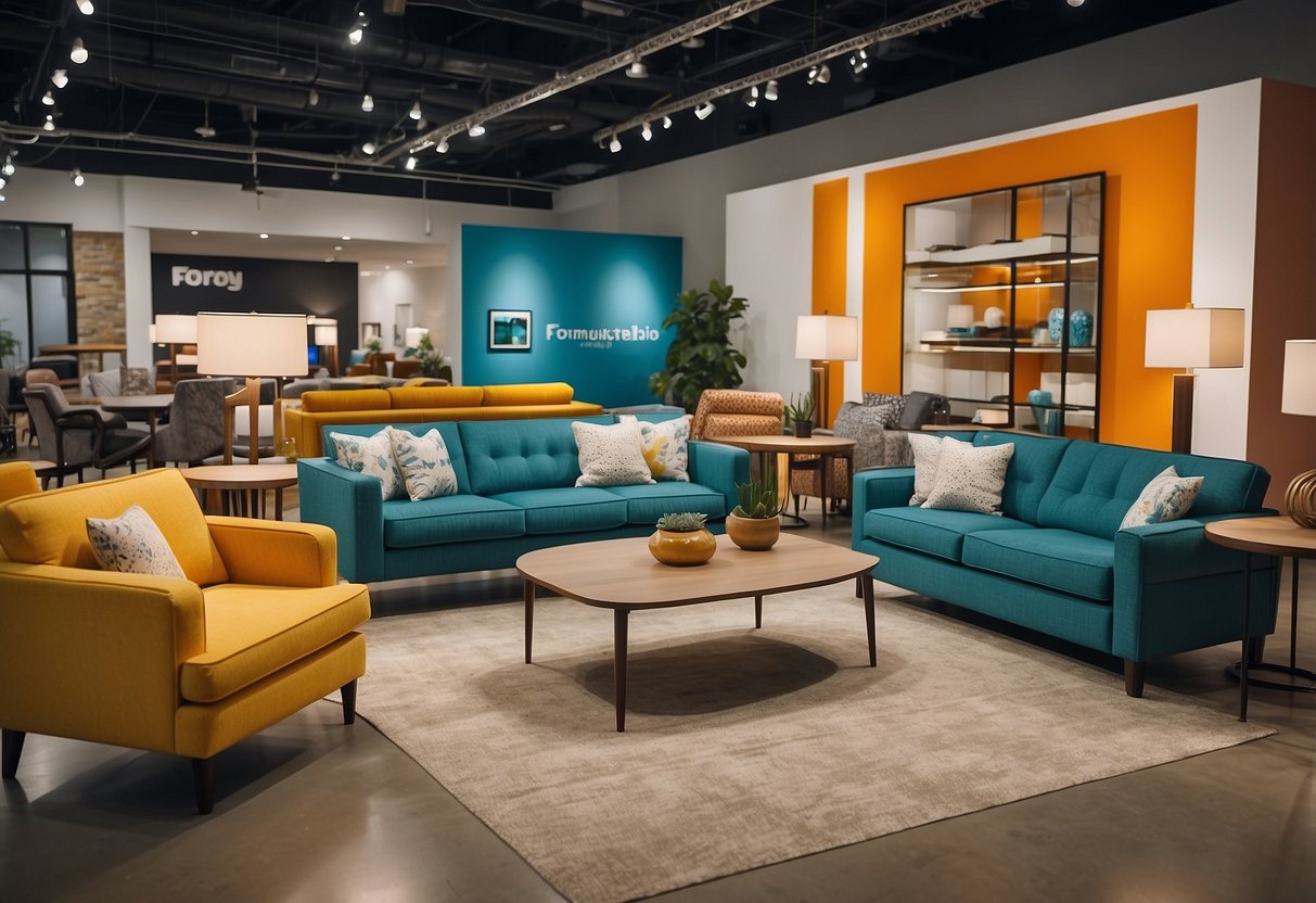 A colorful array of furniture, including sofas, chairs, and tables, displayed in a well-lit showroom with a "Frequently Asked Questions" sign prominently featured