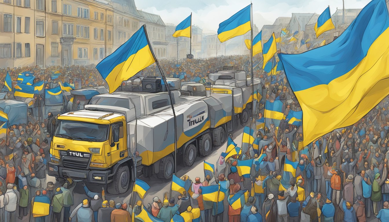 Thule's support reaches Ukraine, impacting globally. Flags wave, aid trucks line up, and people gather in gratitude