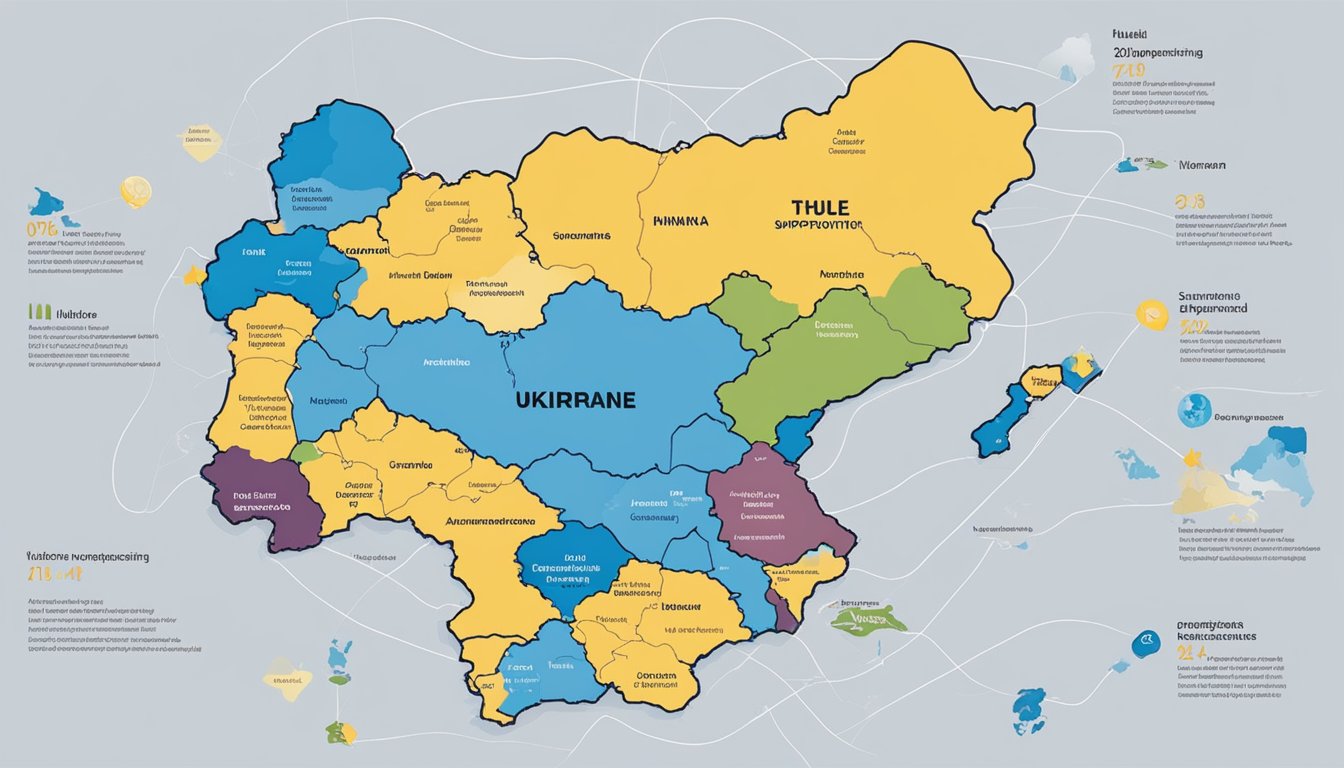 Thule supports Ukraine through partnerships. A map of Ukraine with a network of supportive organizations and connections