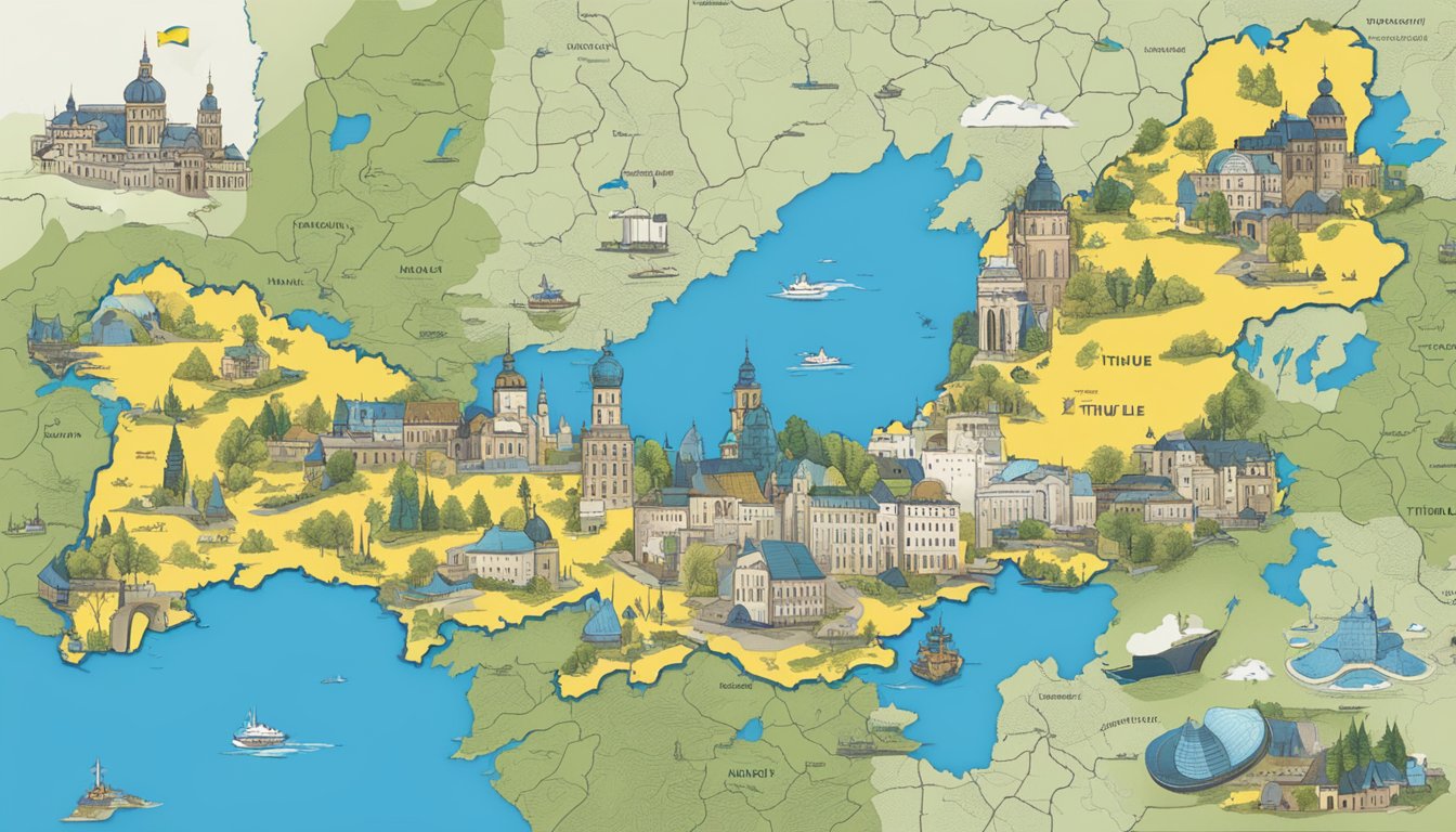 Thule's logo shining over a map of Ukraine, surrounded by supportive symbols and messages