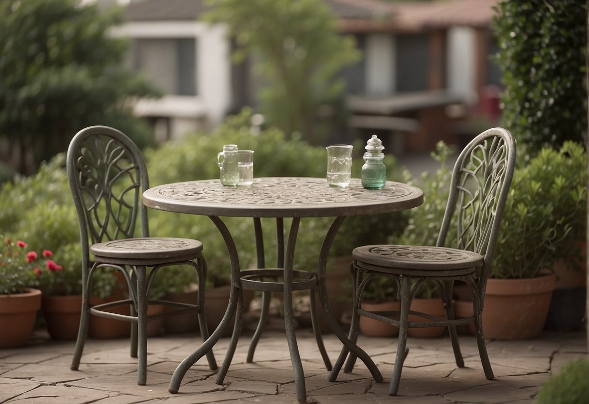 A small, weathered table and chairs sit on a cracked patio. The chairs are faded and the table is wobbly, but they provide a place to relax outdoors