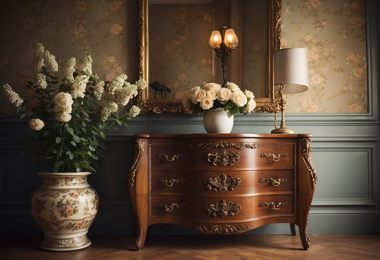 A wooden commode with ornate carvings sits against a wall, adorned with a vase of flowers and a vintage lamp