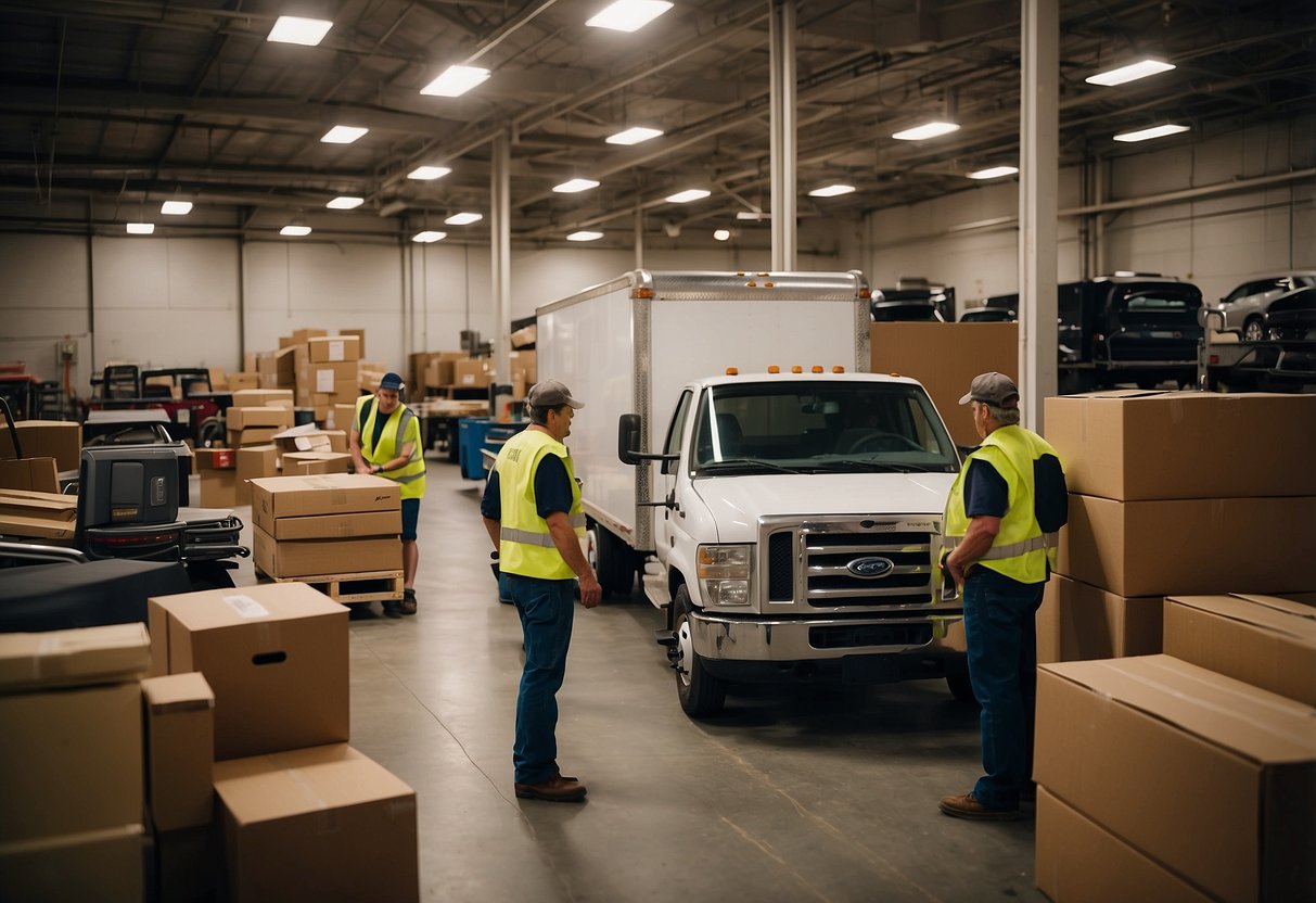 A truck filled with donated furniture arrives at a Salvation Army warehouse. Workers unload and organize the items, ready to distribute to those in need