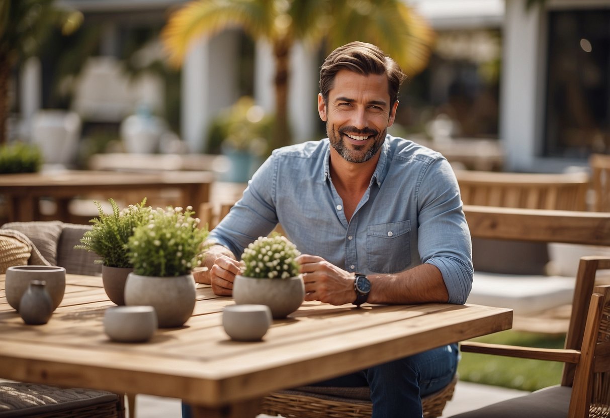 A customer browsing through a variety of outdoor furniture options, comparing prices and styles, with a focus on affordability and durability
