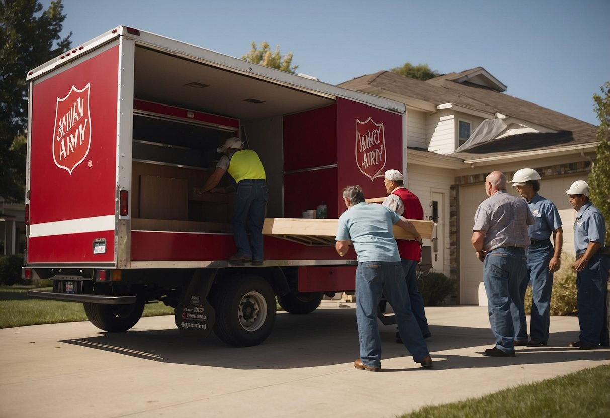 A Salvation Army truck stops at a suburban home. Two workers load furniture onto the truck while the homeowner watches