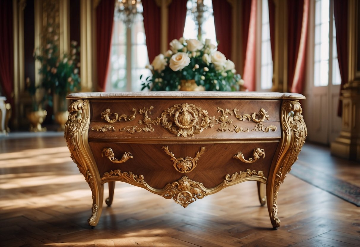 A grand, ornate commode stands in a lavish 18th-century drawing room, adorned with intricate carvings and gilded accents
