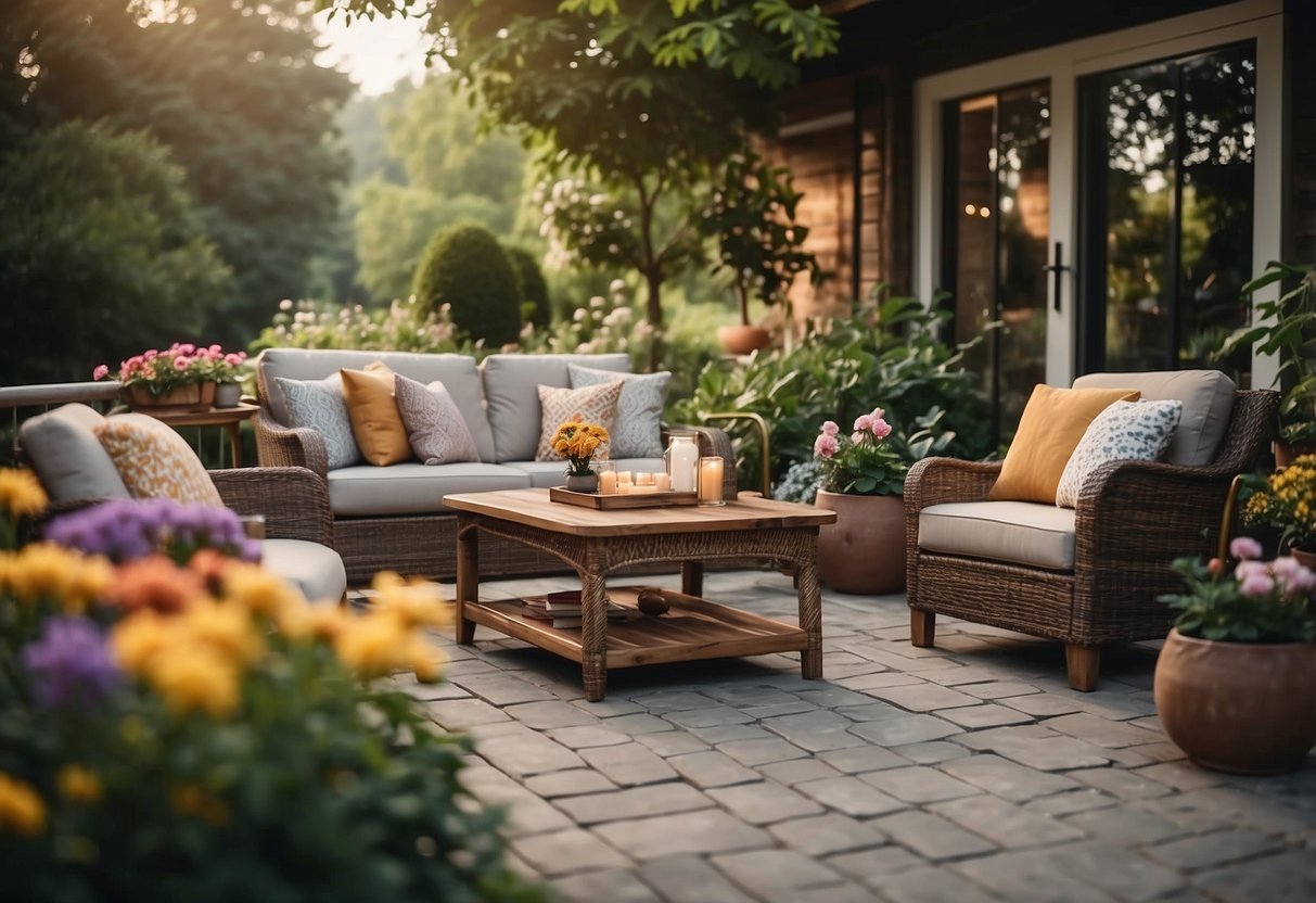 A cozy outdoor space with affordable furniture, surrounded by lush greenery and colorful flowers, with a welcoming atmosphere for relaxation and socializing