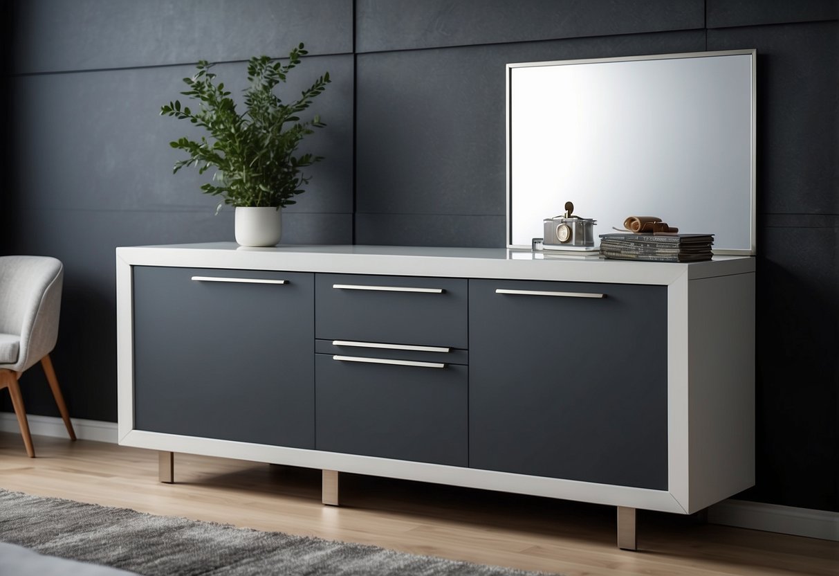 A modern commode with sleek lines and storage compartments